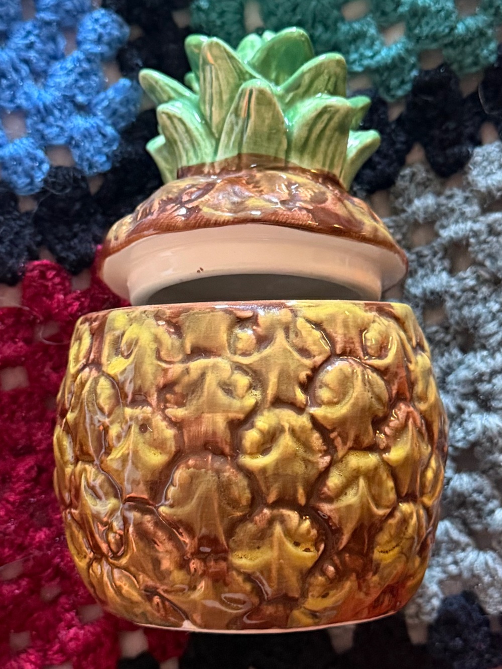 🍍1988 VTG Handpainted Pineapple Decor Mini Ceramic 6” ~ yellow brown green